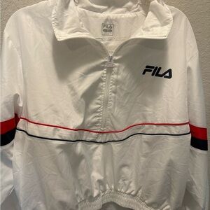 Fila Vintage Style Woman’s White Windbreaker Jacket with  Stripe Sleeve size XL